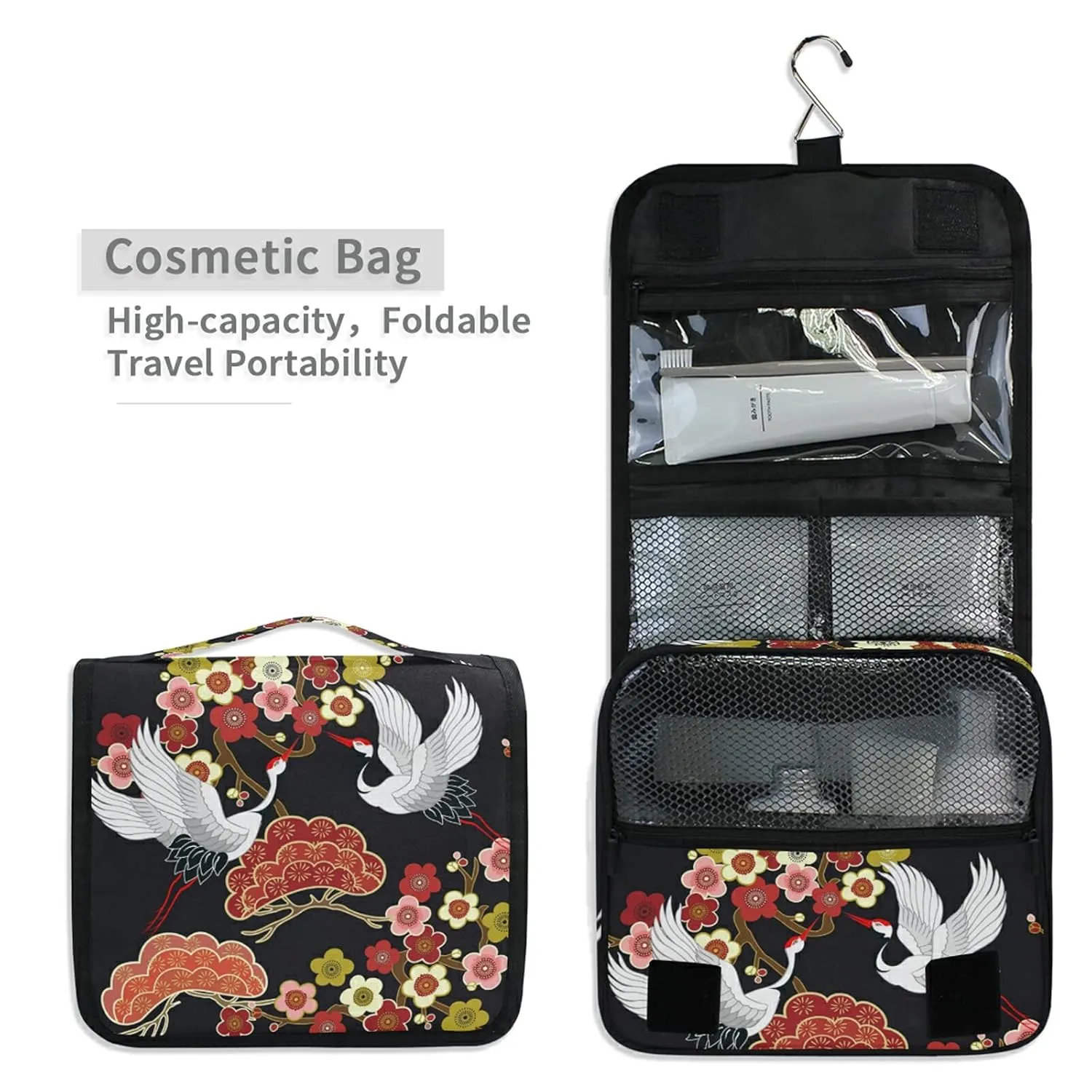 Oyihfvs Japanese Flying Birds Crane Flowers Hanging Wash Gargle Toiletry Bag Travel Cosmetic Makeup Case Organizer Storage Large Portable