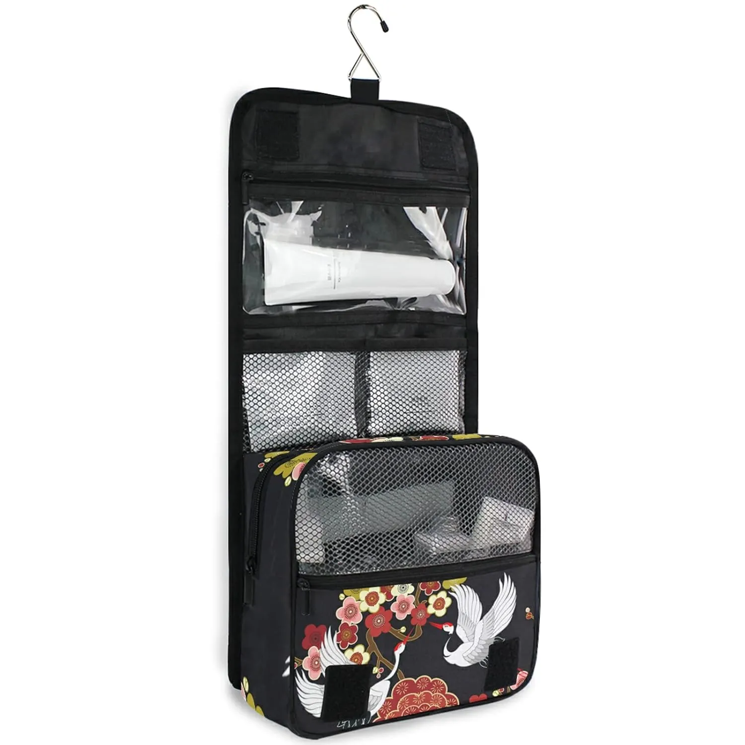 Oyihfvs Japanese Flying Birds Crane Flowers Hanging Wash Gargle Toiletry Bag Travel Cosmetic Makeup Case Organizer Storage Large Portable