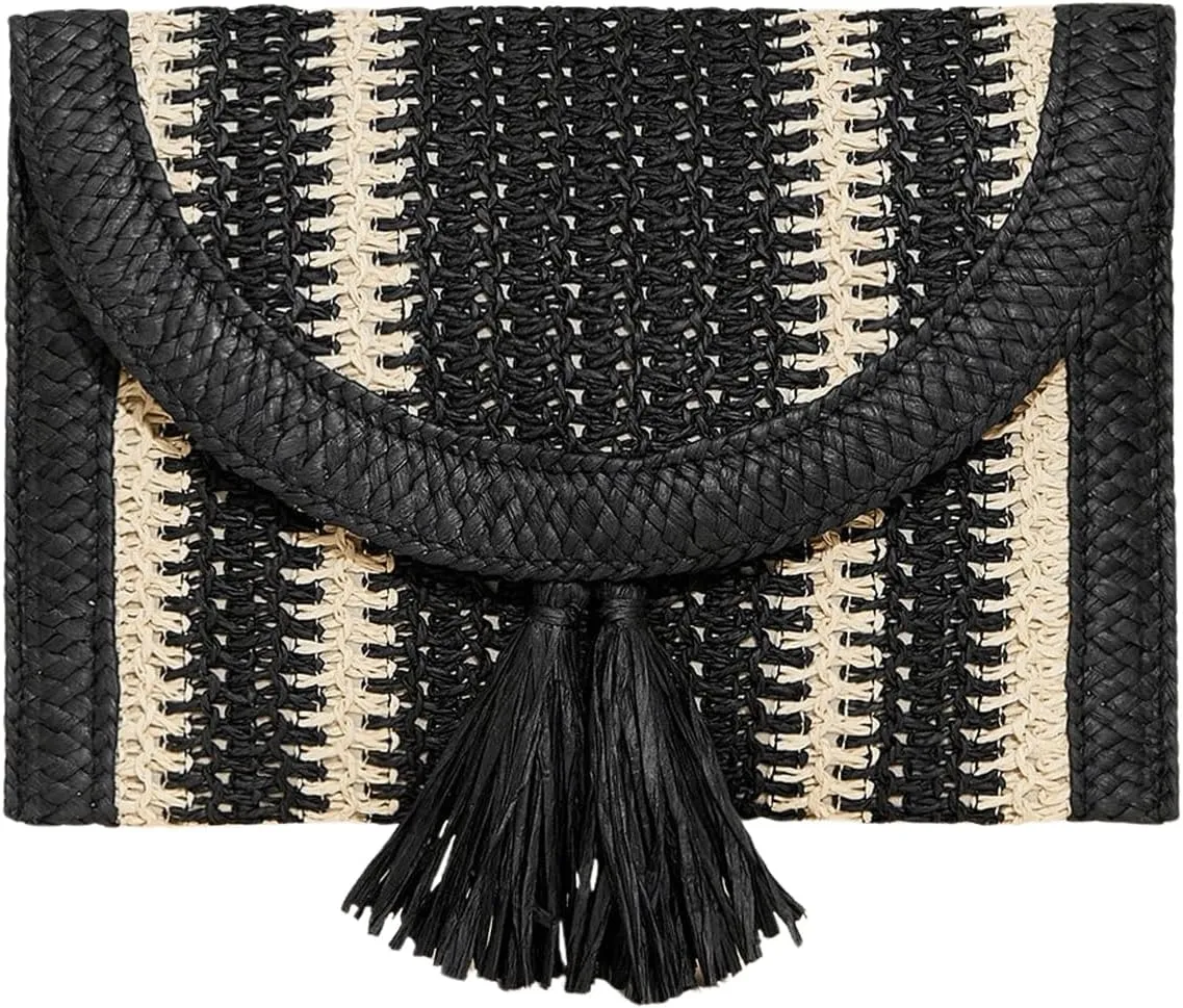 OYOANGLE Women's Color Block Woven Clutch Bag Straw Fringe Flap Small Striped Boho Purse Handbags