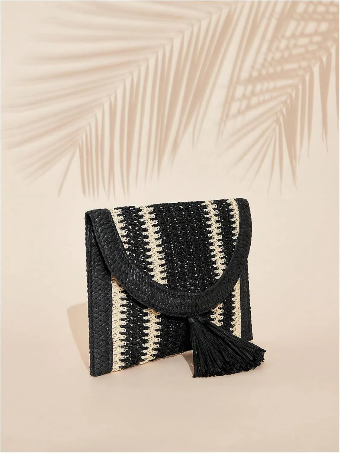 OYOANGLE Women's Color Block Woven Clutch Bag Straw Fringe Flap Small Striped Boho Purse Handbags
