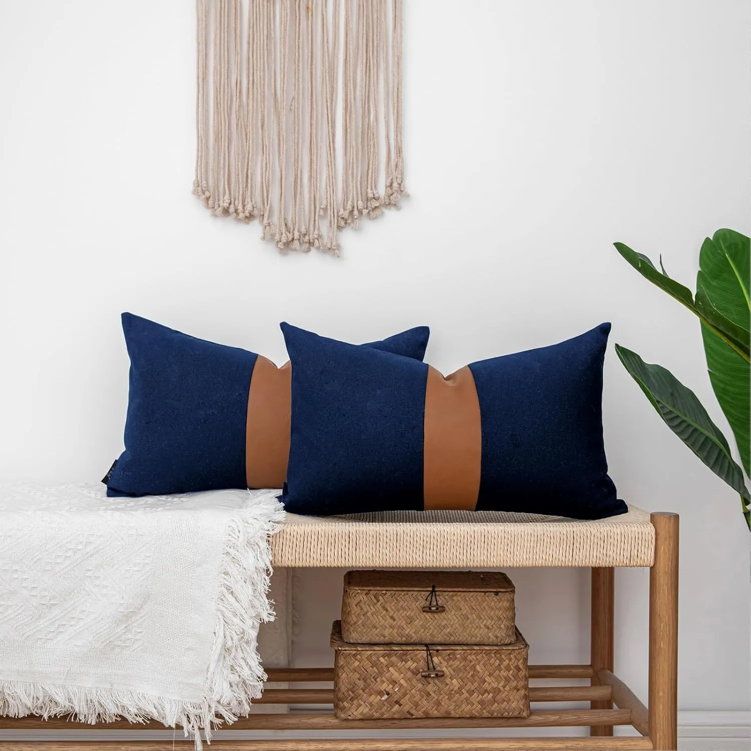 Pack of 2 Navy Blue Lumbar Decorative Pillow Covers 12x20 Inch for Living Room Couch Sofa Bed,Modern Faux Leather Rectangle Cushion Case 30x50 cm,Rustic Farmhouse Boho Home Decor