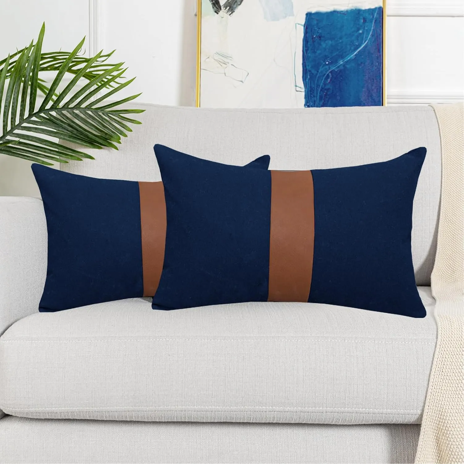 Pack of 2 Navy Blue Lumbar Decorative Pillow Covers 12x20 Inch for Living Room Couch Sofa Bed,Modern Faux Leather Rectangle Cushion Case 30x50 cm,Rustic Farmhouse Boho Home Decor