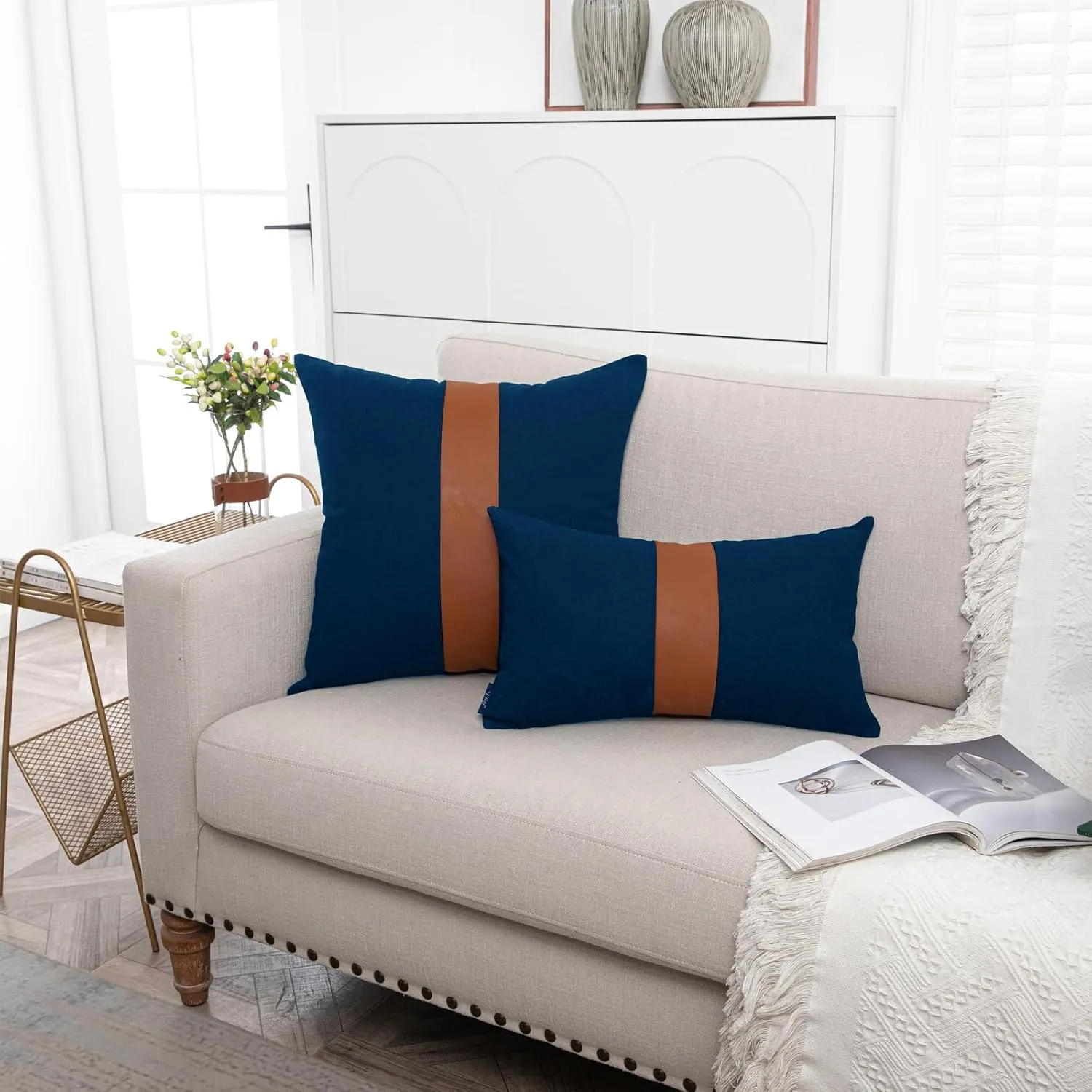 Pack of 2 Navy Blue Lumbar Decorative Pillow Covers 12x20 Inch for Living Room Couch Sofa Bed,Modern Faux Leather Rectangle Cushion Case 30x50 cm,Rustic Farmhouse Boho Home Decor