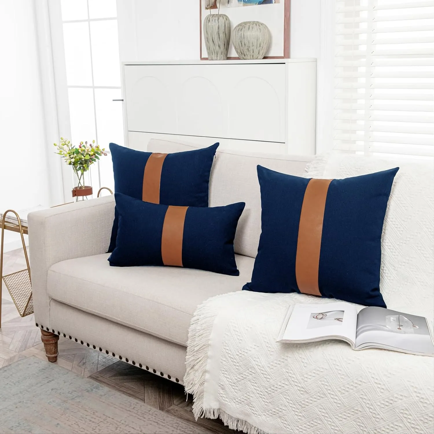 Pack of 2 Navy Blue Lumbar Decorative Pillow Covers 12x20 Inch for Living Room Couch Sofa Bed,Modern Faux Leather Rectangle Cushion Case 30x50 cm,Rustic Farmhouse Boho Home Decor