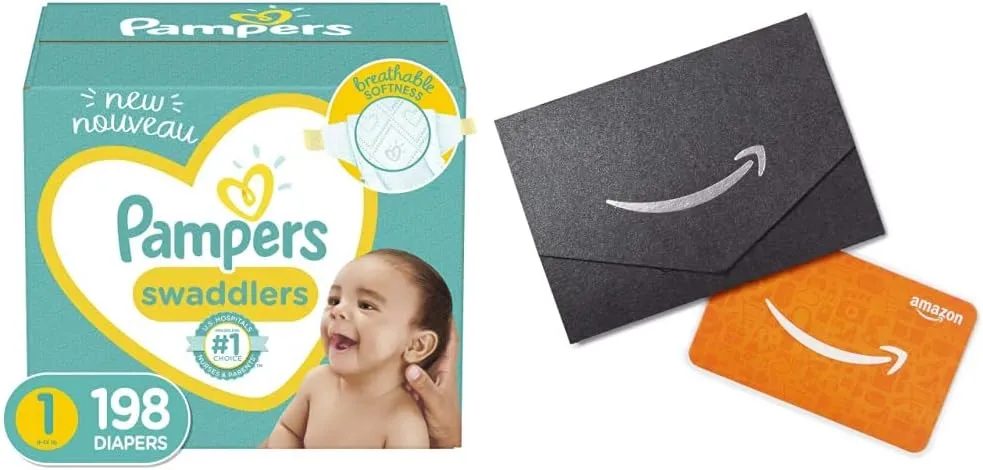Pampers Baby Diapers Newborn/Size 1 (8-14 lb), 198 Count Swaddlers, ONE Month Supply (Packaging May Vary) x2 and Amazon.com Gift Card in a Mini Envelope