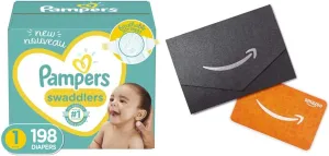 Pampers Baby Diapers Newborn/Size 1 (8-14 lb), 198 Count Swaddlers, ONE Month Supply (Packaging May Vary) x2 and Amazon.com Gift Card in a Mini Envelope
