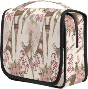 Paris Eiffel Tower Flower Travel Toiletry Bag for Women Portable Waterproof Travel Makeup Bag with Hanging Hook Makeup Cosmetic Organizer for Travel Business Trip Camping Bathroom