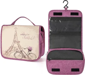 Paris Theme,Waterproof Travel Toiletry Hanging Bag,Eiffel Tower Style Romantic Vintage Bike,Makeup bag,Travel Organizers,Cosmetic Travel-Sized Container,Large Capacity for Women,Beige