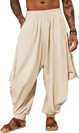 PASLTER Mens Harem Pants Linen Yoga Beach Baggy Summer Boho Aladdin Genie Pants