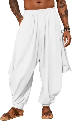 PASLTER Mens Harem Pants Linen Yoga Beach Baggy Summer Boho Aladdin Genie Pants