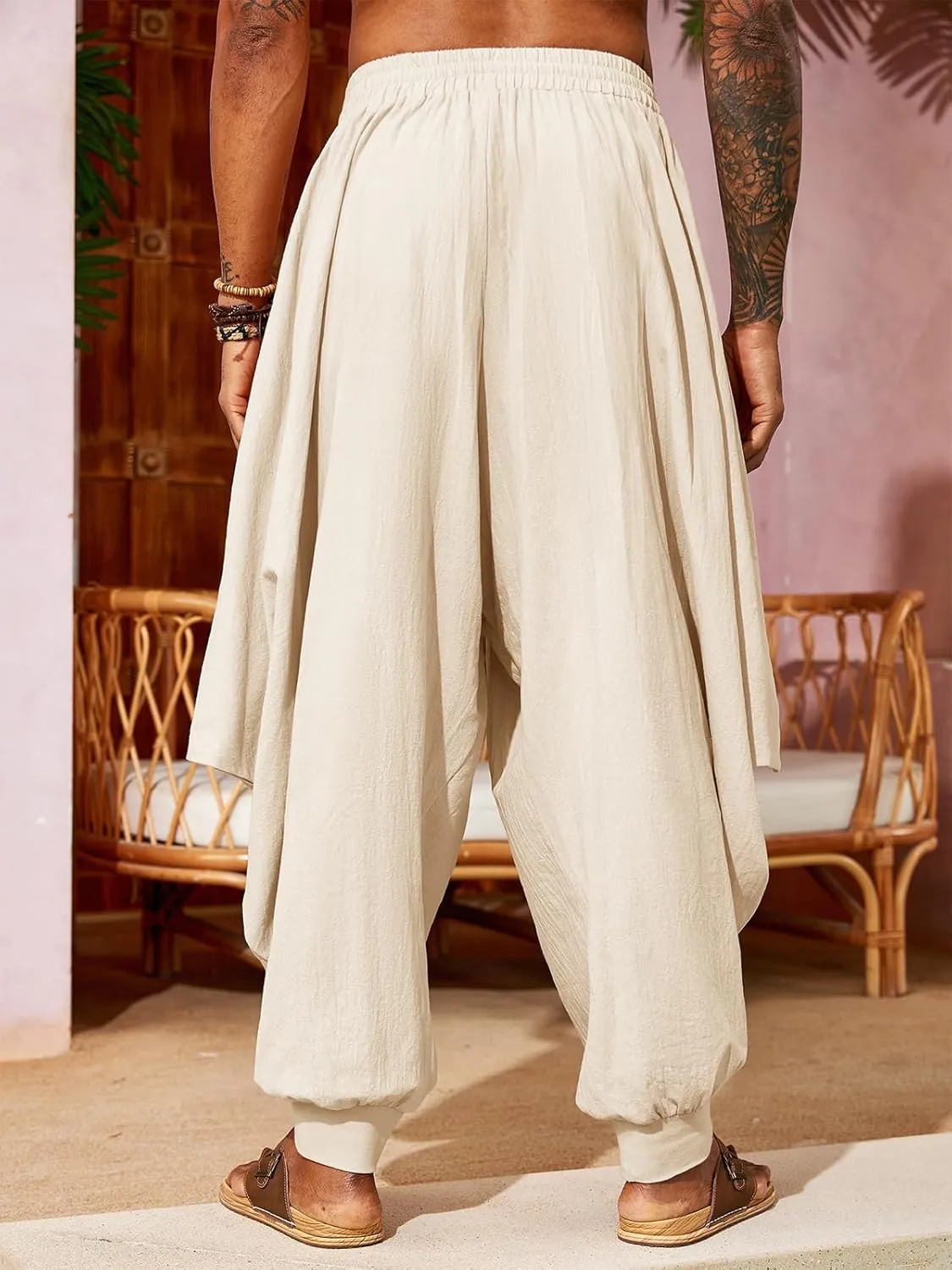 PASLTER Mens Harem Pants Linen Yoga Beach Baggy Summer Boho Aladdin Genie Pants