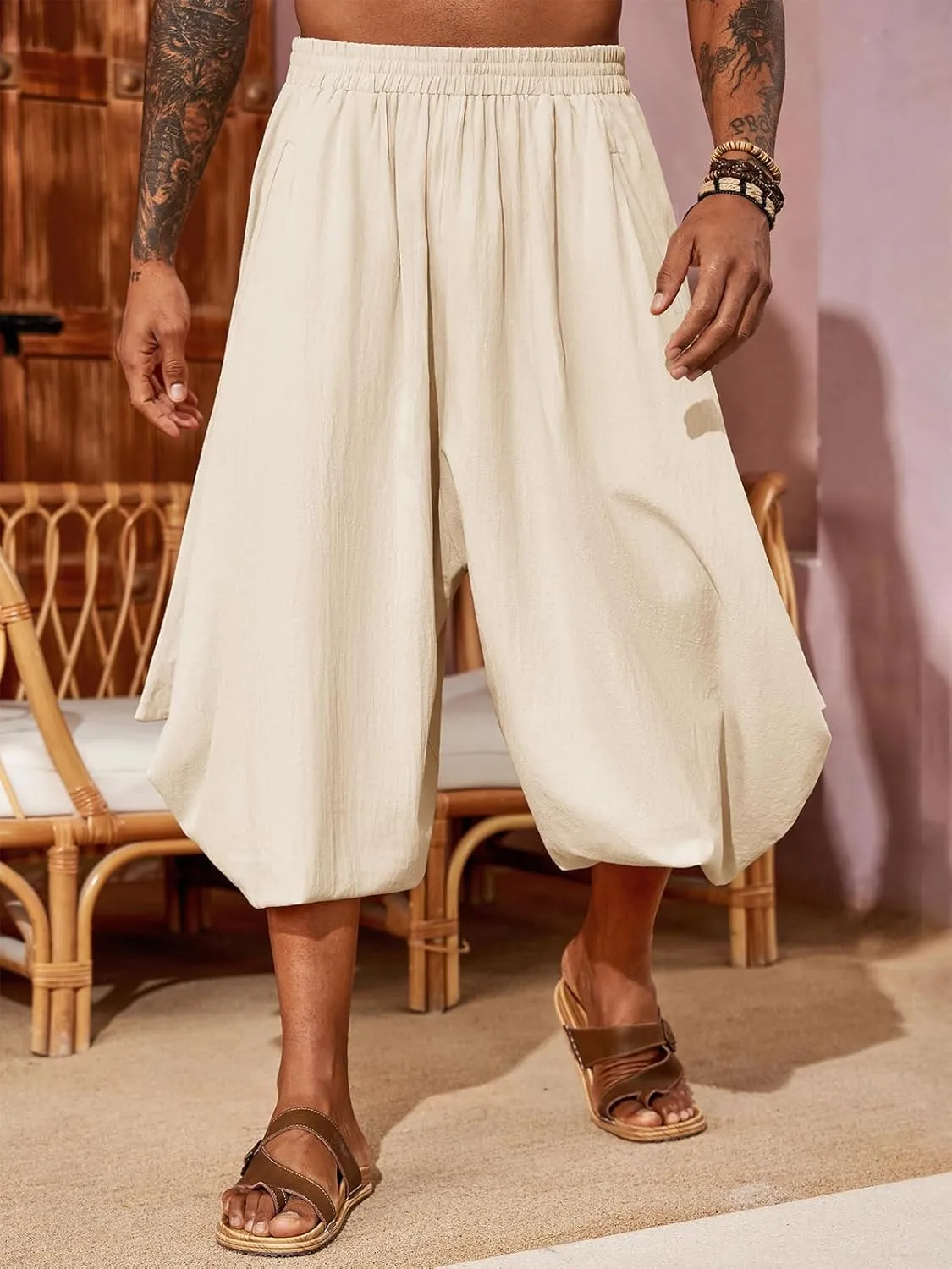 PASLTER Mens Harem Pants Linen Yoga Beach Baggy Summer Boho Aladdin Genie Pants