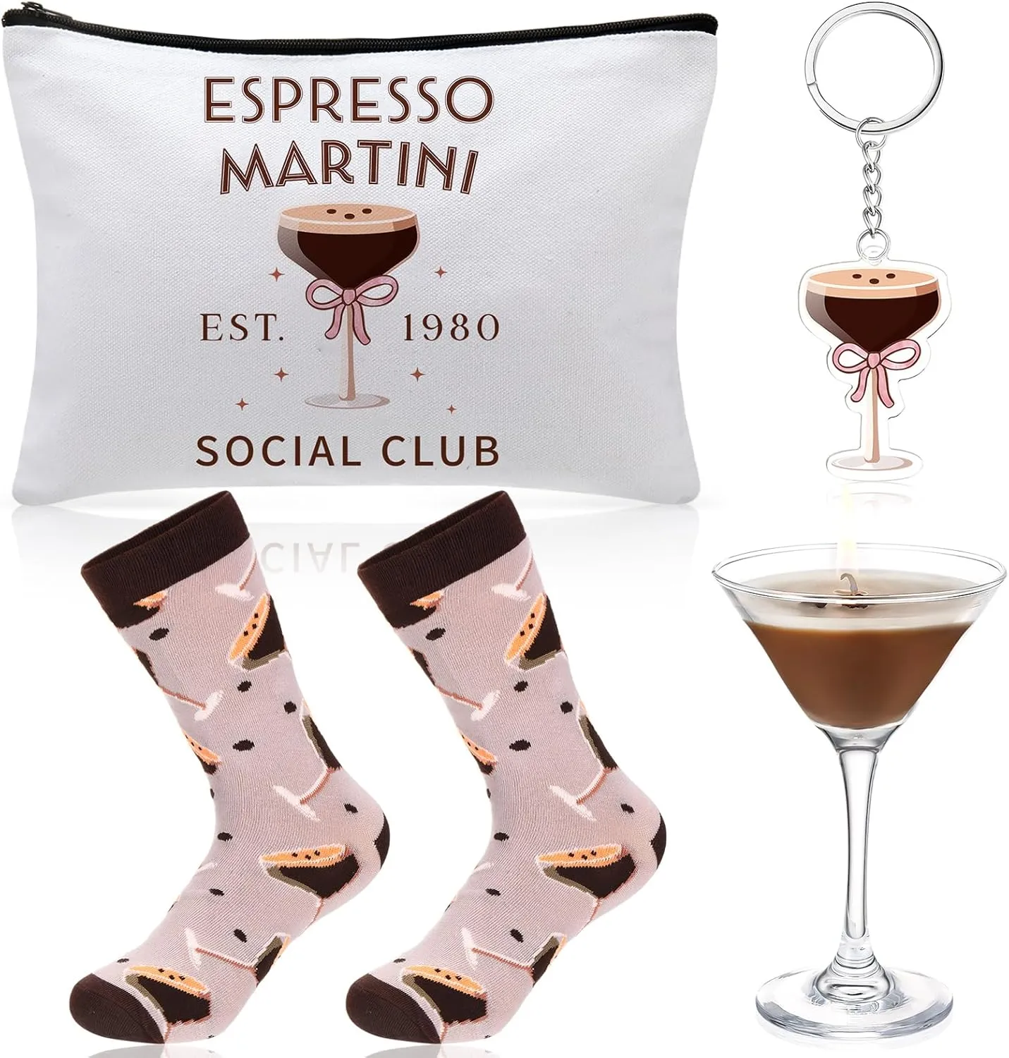 Paterr 4 Pcs Espresso Martini Gifts with Coffee Scented Candles Socks Cosmetic Bag Keychain for Women Tini Bit Older Decor for Christmas Birthday Bachelorette Bridal Shower Party Coffee Bar Home