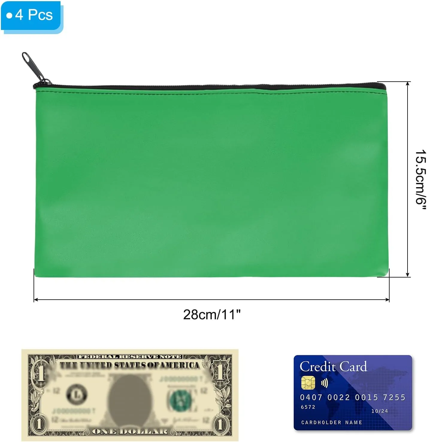 PATIKIL 11"x 6" Bank Deposit Bag, 4Pcs Money Bag Bank Bag Security Money Pouch Receipt Holder for Tickets Coin Makeup Cosmetics Bills, Agate Green