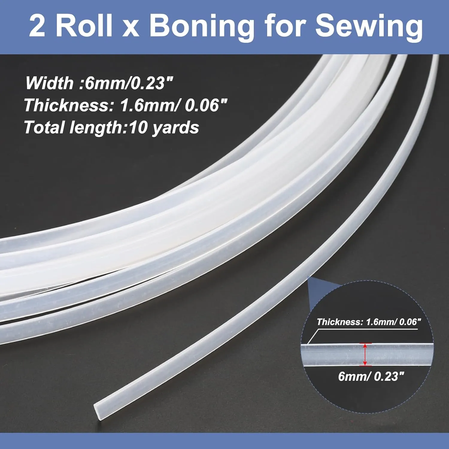 PATIKIL 6mm x 1.6mm x 10 Yards Boning for Sewing, 2 Rolls PP Plastic Boning for Handmade Dolls Hats Handbags Wedding Dresses DIY Making, Transparent