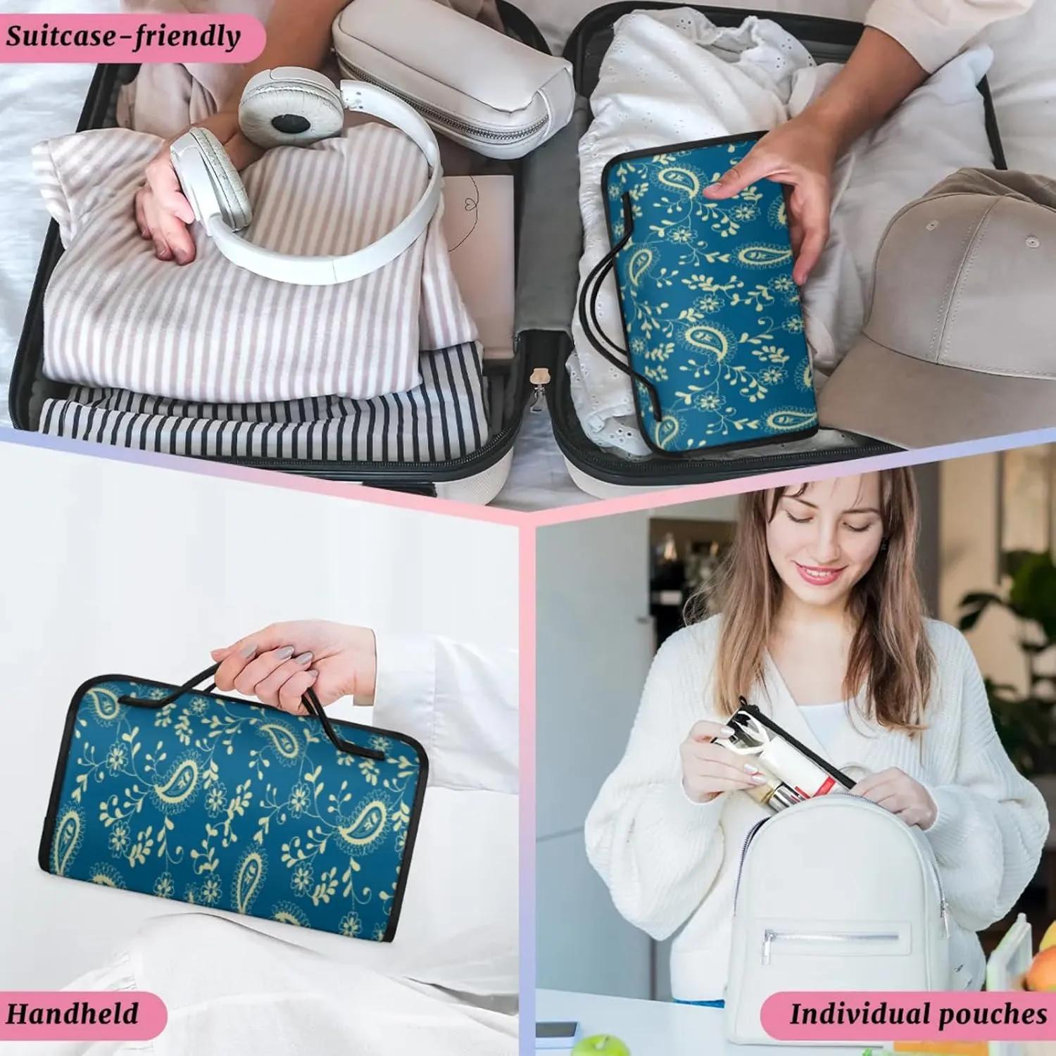 Pattern Features Toiletry Bag Water Proof Travel Makeup Case Large Capacity 4 in 1 Foldable Cosmetics Storage for Women Men Removable Zipper Clear PVC Pockets