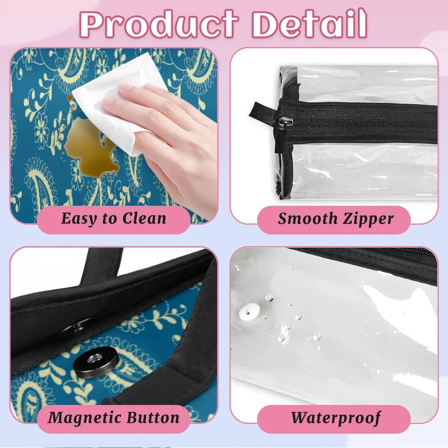 Pattern Features Toiletry Bag Water Proof Travel Makeup Case Large Capacity 4 in 1 Foldable Cosmetics Storage for Women Men Removable Zipper Clear PVC Pockets