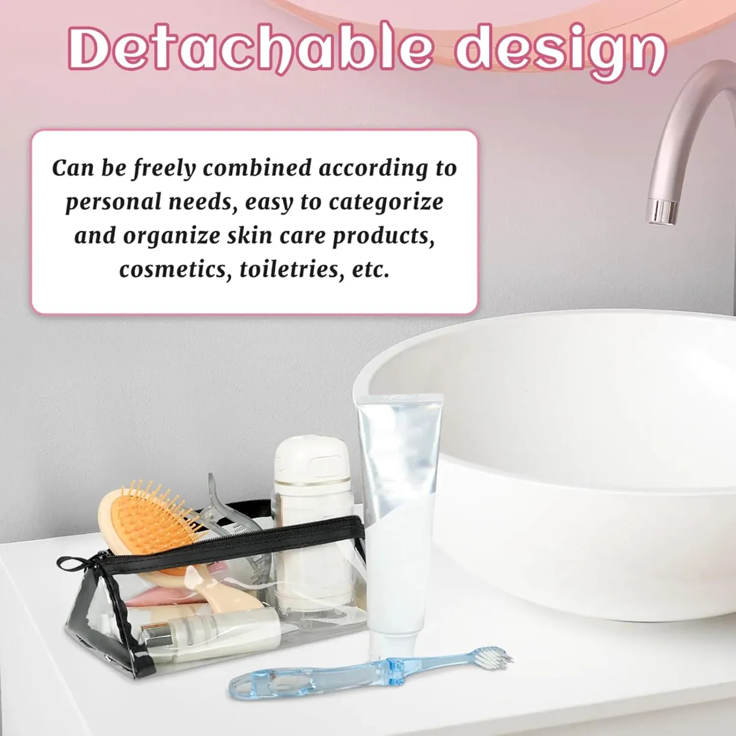 Pattern Features Toiletry Bag Water Proof Travel Makeup Case Large Capacity 4 in 1 Foldable Cosmetics Storage for Women Men Removable Zipper Clear PVC Pockets