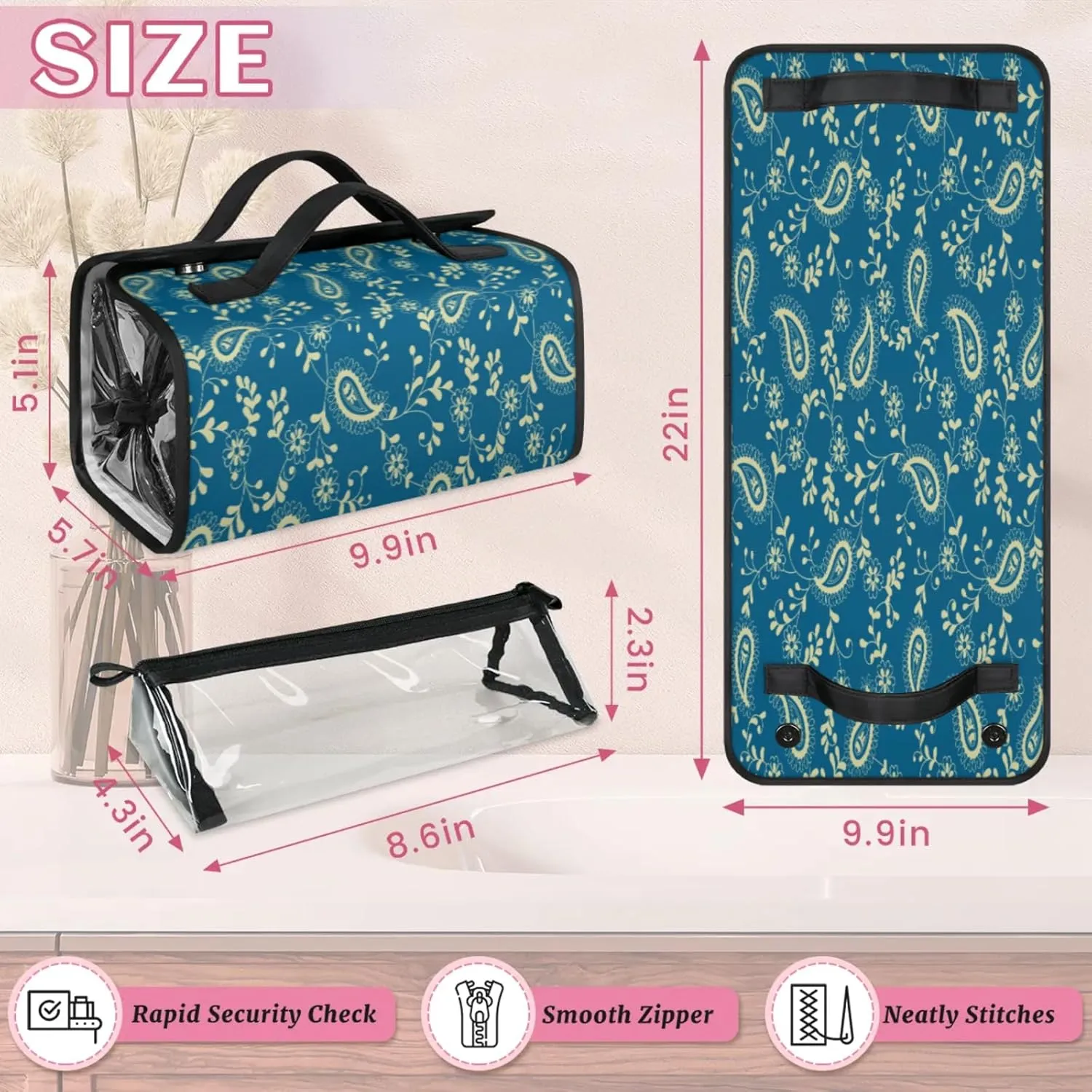 Pattern Features Toiletry Bag Water Proof Travel Makeup Case Large Capacity 4 in 1 Foldable Cosmetics Storage for Women Men Removable Zipper Clear PVC Pockets