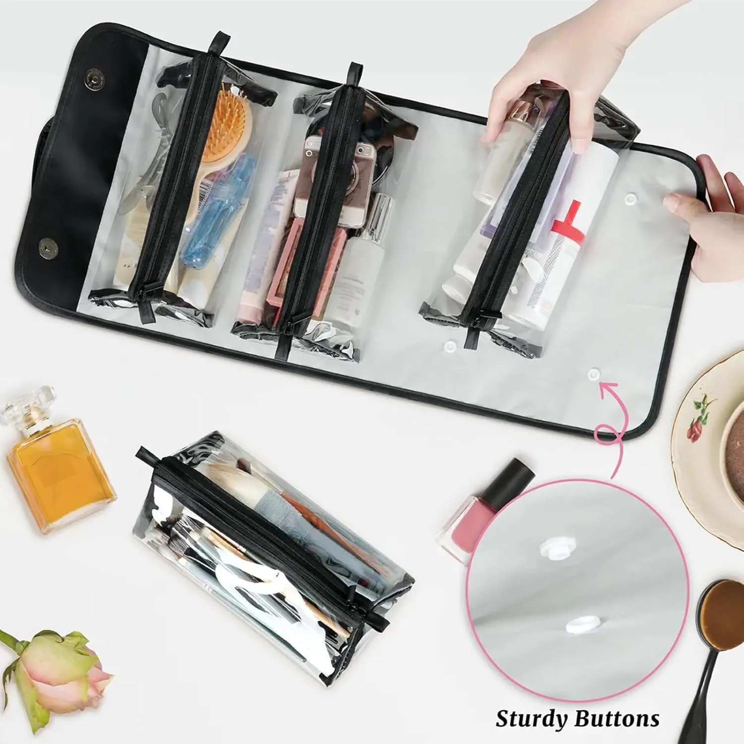 Pattern Features Toiletry Bag Water Proof Travel Makeup Case Large Capacity 4 in 1 Foldable Cosmetics Storage for Women Men Removable Zipper Clear PVC Pockets