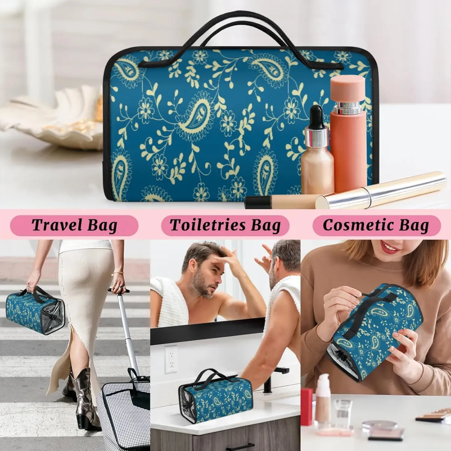 Pattern Features Toiletry Bag Water Proof Travel Makeup Case Large Capacity 4 in 1 Foldable Cosmetics Storage for Women Men Removable Zipper Clear PVC Pockets