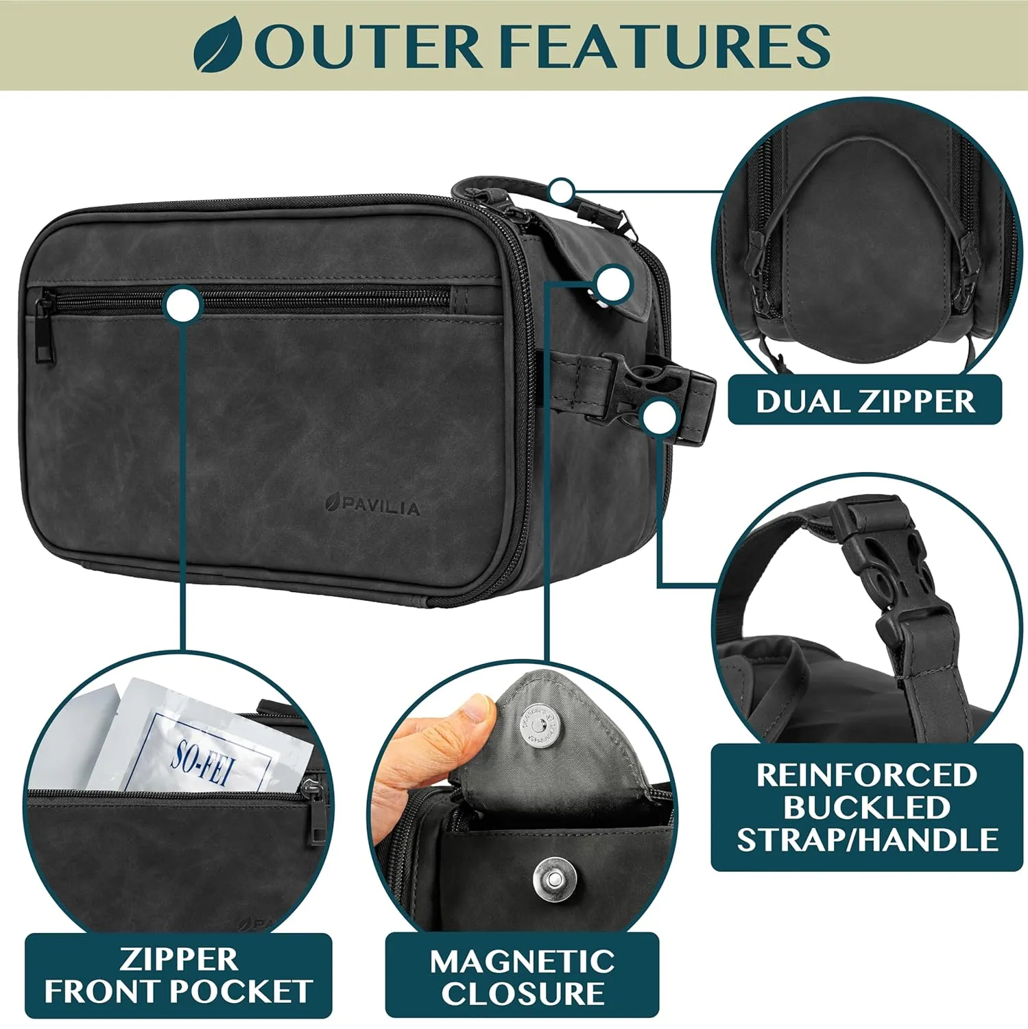 PAVILIA Large Toiletry Bag for Men Women, Mens Travel Bag Toiletries Organizer Case for Grooming, Travel Essentials Shaving Dopp Kit, PU Leather Water Resistant Cosmetic Pouch, Black
