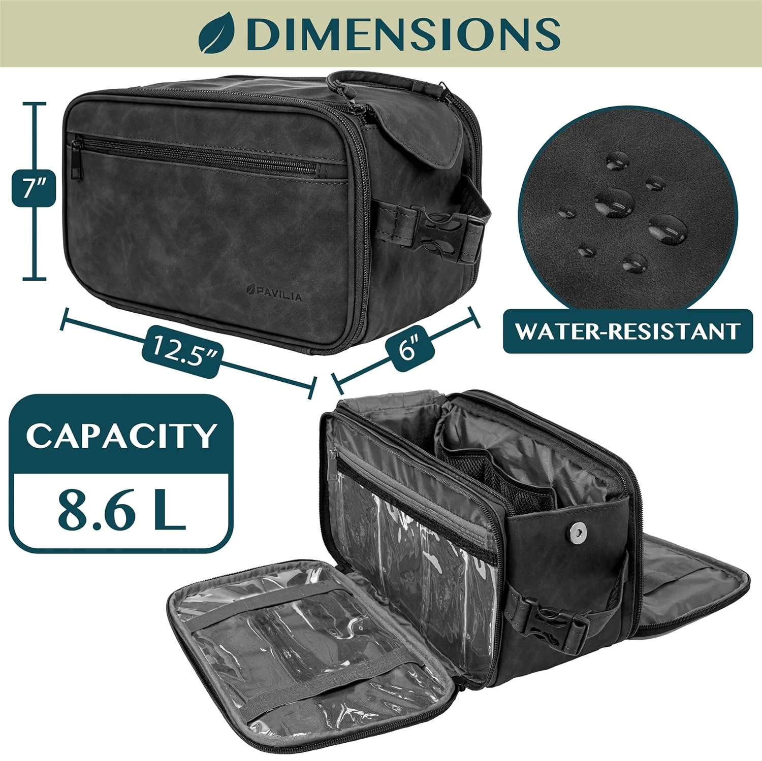 PAVILIA Large Toiletry Bag for Men Women, Mens Travel Bag Toiletries Organizer Case for Grooming, Travel Essentials Shaving Dopp Kit, PU Leather Water Resistant Cosmetic Pouch, Black