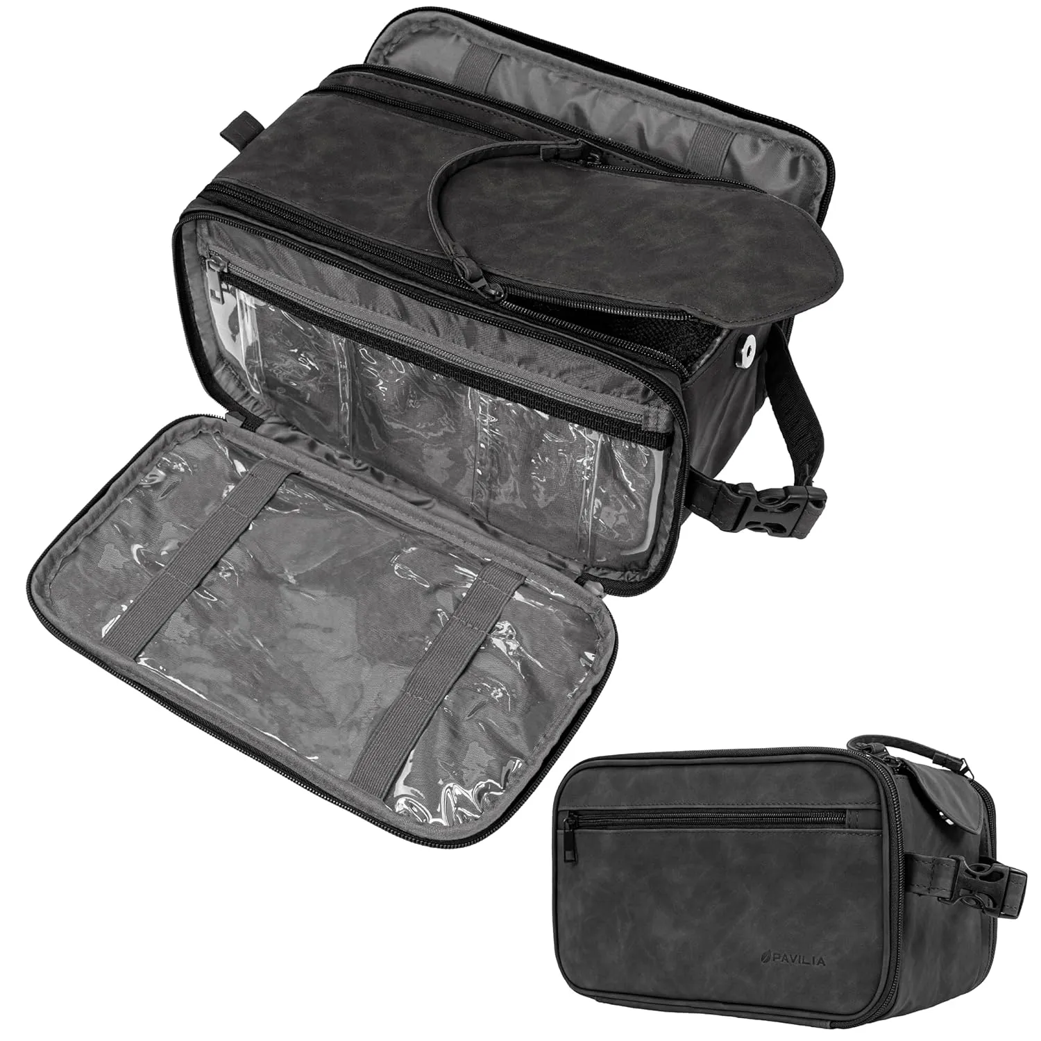 PAVILIA Large Toiletry Bag for Men Women, Mens Travel Bag Toiletries Organizer Case for Grooming, Travel Essentials Shaving Dopp Kit, PU Leather Water Resistant Cosmetic Pouch, Black