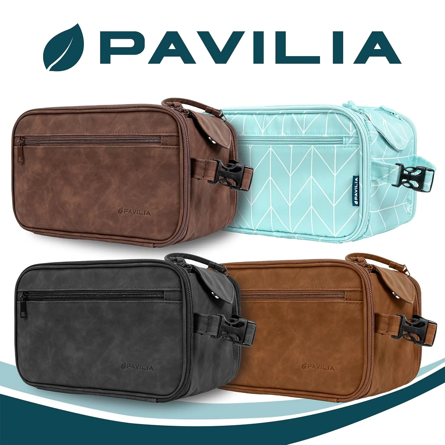 PAVILIA Large Toiletry Bag for Men Women, Mens Travel Bag Toiletries Organizer Case for Grooming, Travel Essentials Shaving Dopp Kit, PU Leather Water Resistant Cosmetic Pouch, Teal Chevron