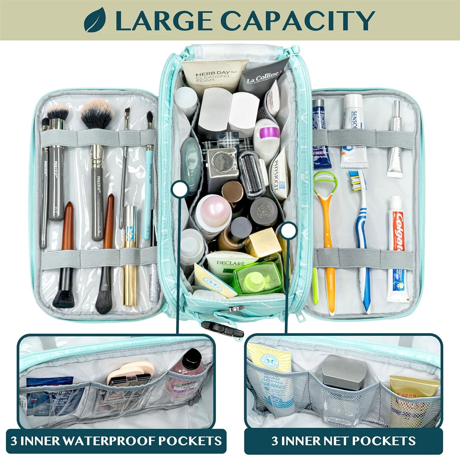 PAVILIA Large Toiletry Bag for Men Women, Mens Travel Bag Toiletries Organizer Case for Grooming, Travel Essentials Shaving Dopp Kit, PU Leather Water Resistant Cosmetic Pouch, Teal Chevron