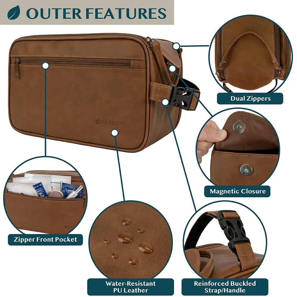 PAVILIA Toiletry Bag for Men, Travel Essentials Shaving Dopp Kit, Mens Travel Bag Toiletries Organizer Case for Grooming, PU Leather Water Resistant Cosmetic Bag Pouch (XL, Brown)