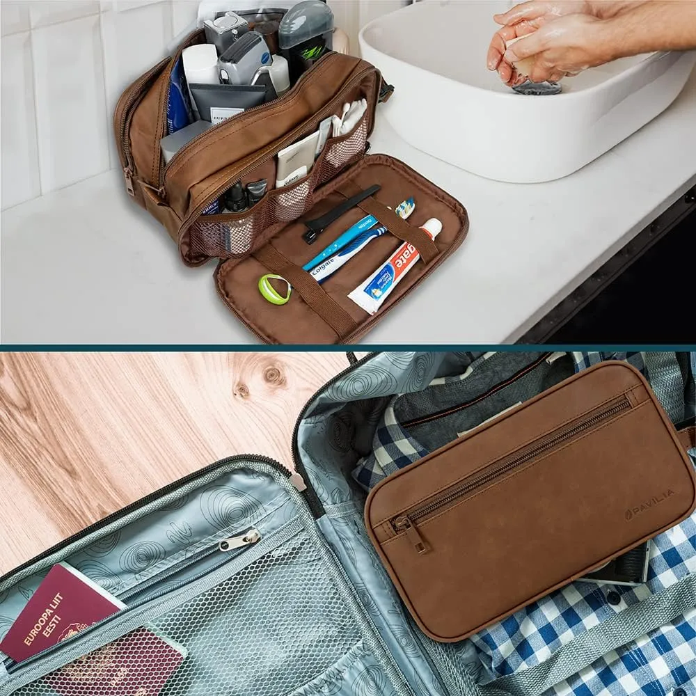 PAVILIA Toiletry Bag for Men, Travel Toiletries Bag | Water-resistant Dopp Kit, PU Leather Shaving Pouch Organizer for Accessories, Cosmetic, Hygiene, Grooming Essentials (Black)