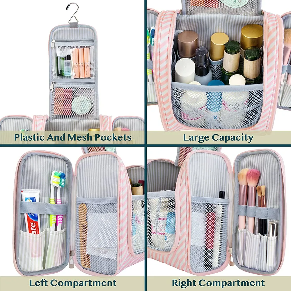 PAVILIA Toiletry Bag Travel Bag for Women Men, Hanging Cosmetic Organizer, Water Resistant Makeup Bag for Accessories Toiletries, Large Travel Essentials Kit (Pink Stripe)