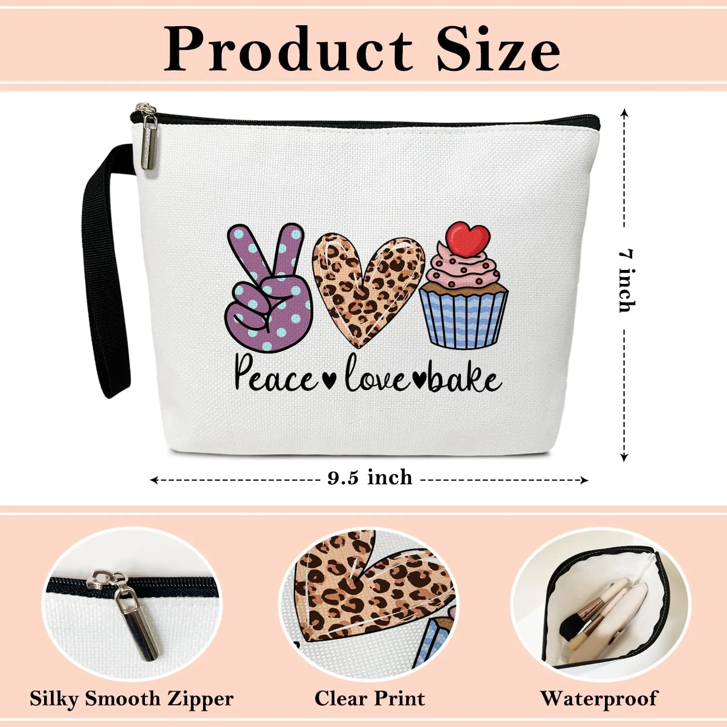 Peace Love Cosmetic Bag for Women Accessories Organizer, Cooking Lover Gifts, Travel Essentials Purse Toiletry Pouch Makeup Bag with Zipper(Peace Love Bake)