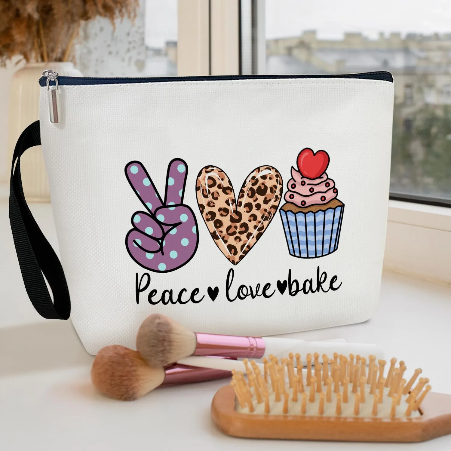 Peace Love Cosmetic Bag for Women Accessories Organizer, Cooking Lover Gifts, Travel Essentials Purse Toiletry Pouch Makeup Bag with Zipper(Peace Love Bake)
