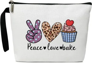 Peace Love Cosmetic Bag for Women Accessories Organizer, Cooking Lover Gifts, Travel Essentials Purse Toiletry Pouch Makeup Bag with Zipper(Peace Love Bake)