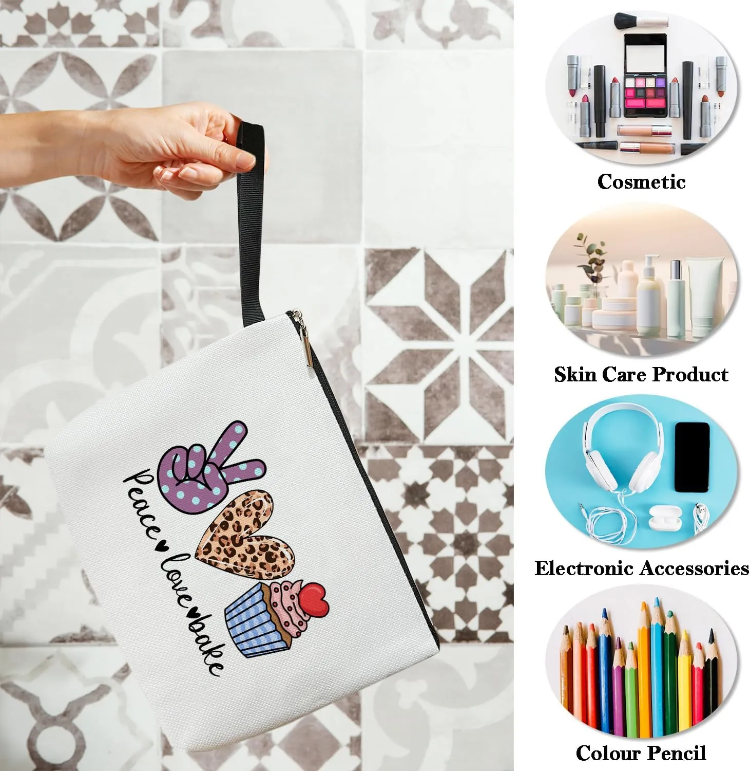 Peace Love Cosmetic Bag for Women Accessories Organizer, Cooking Lover Gifts, Travel Essentials Purse Toiletry Pouch Makeup Bag with Zipper(Peace Love Bake)
