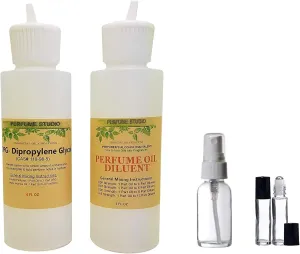 Perfume Making 5-Piece Set; 1, 4oz Perfumer's Alcohol Equivalent Solvent, 1, 4oz DiPropylene Glycol (DPG) Carrier Oil, 1, 1oz Empty Spray Bottle, 2, 7ml Roll-ons (PERFUME MAKING KITS, 5-Piece Set)