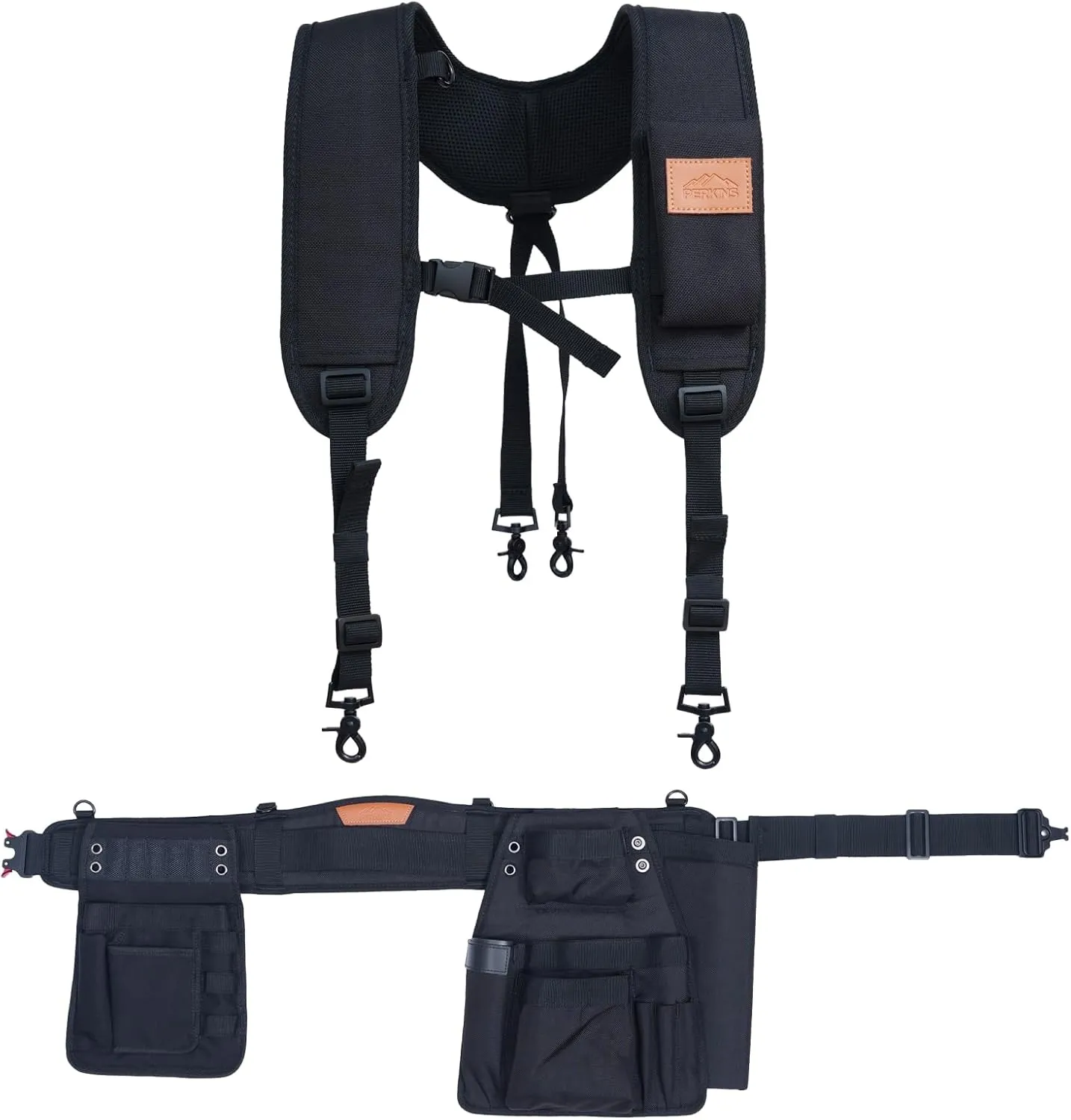 Perkins Builder Brothers Essential Tool Belt Set With Suspenders, Ideal for Framers, Carpenters and Contractors, Small Size, Black