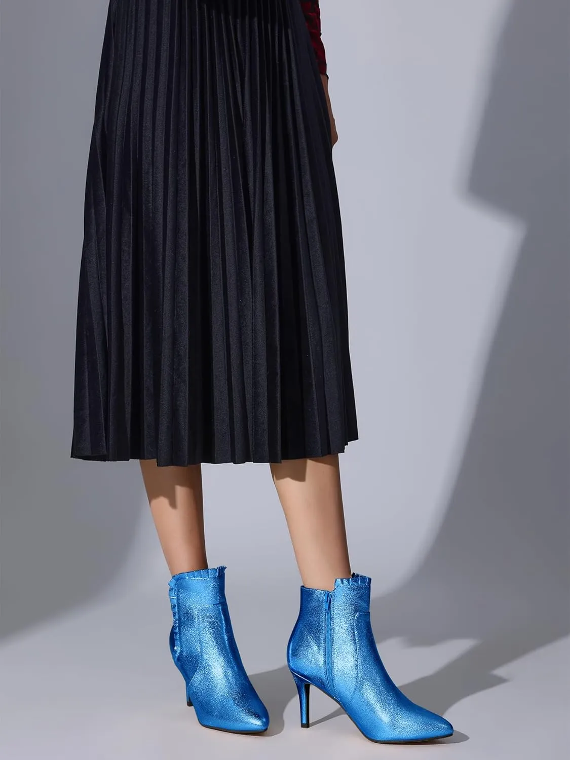 Perphy Ruffled Ankle Boot Stiletto Heel Metallic Booties for Women