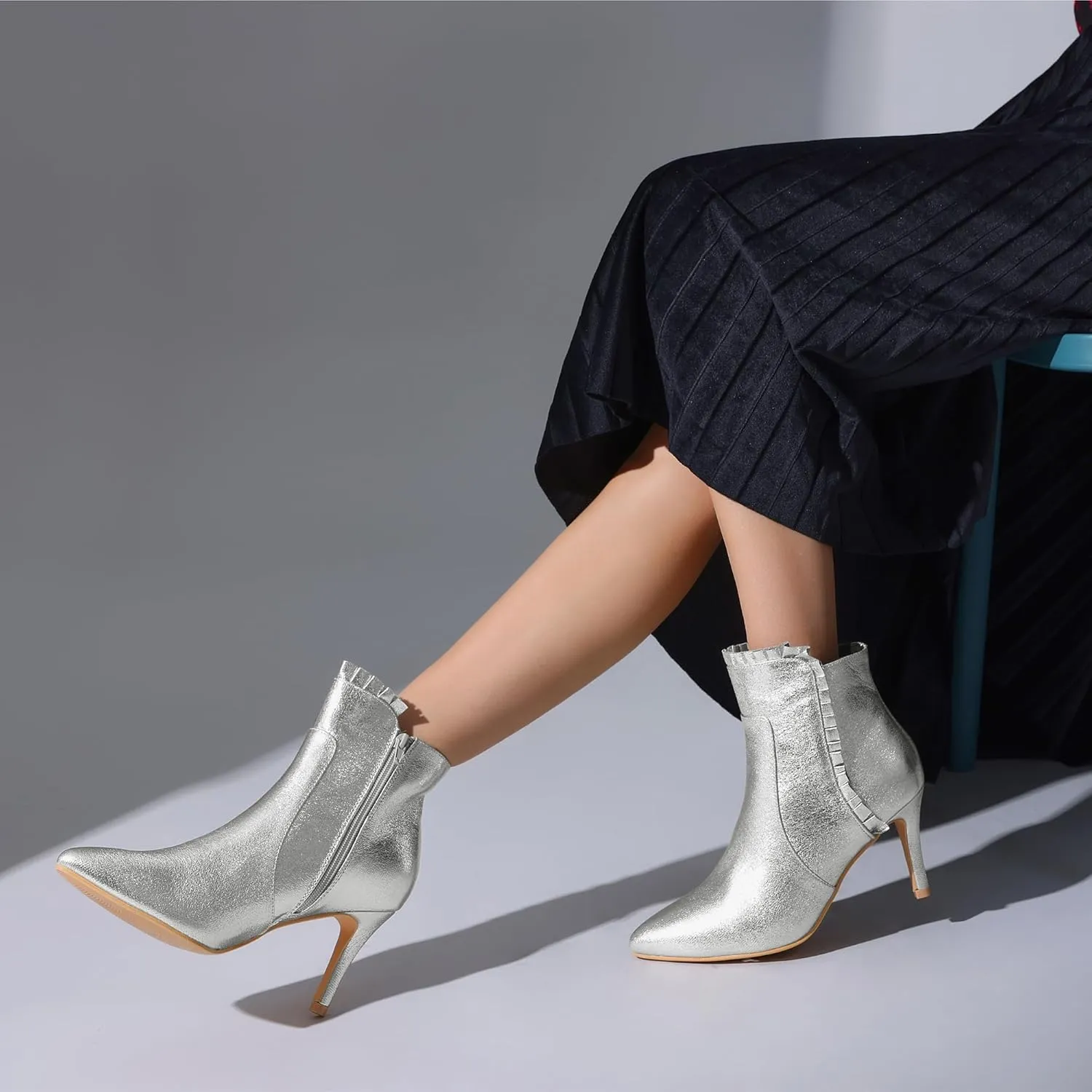 Perphy Ruffled Ankle Boot Stiletto Heel Metallic Booties for Women