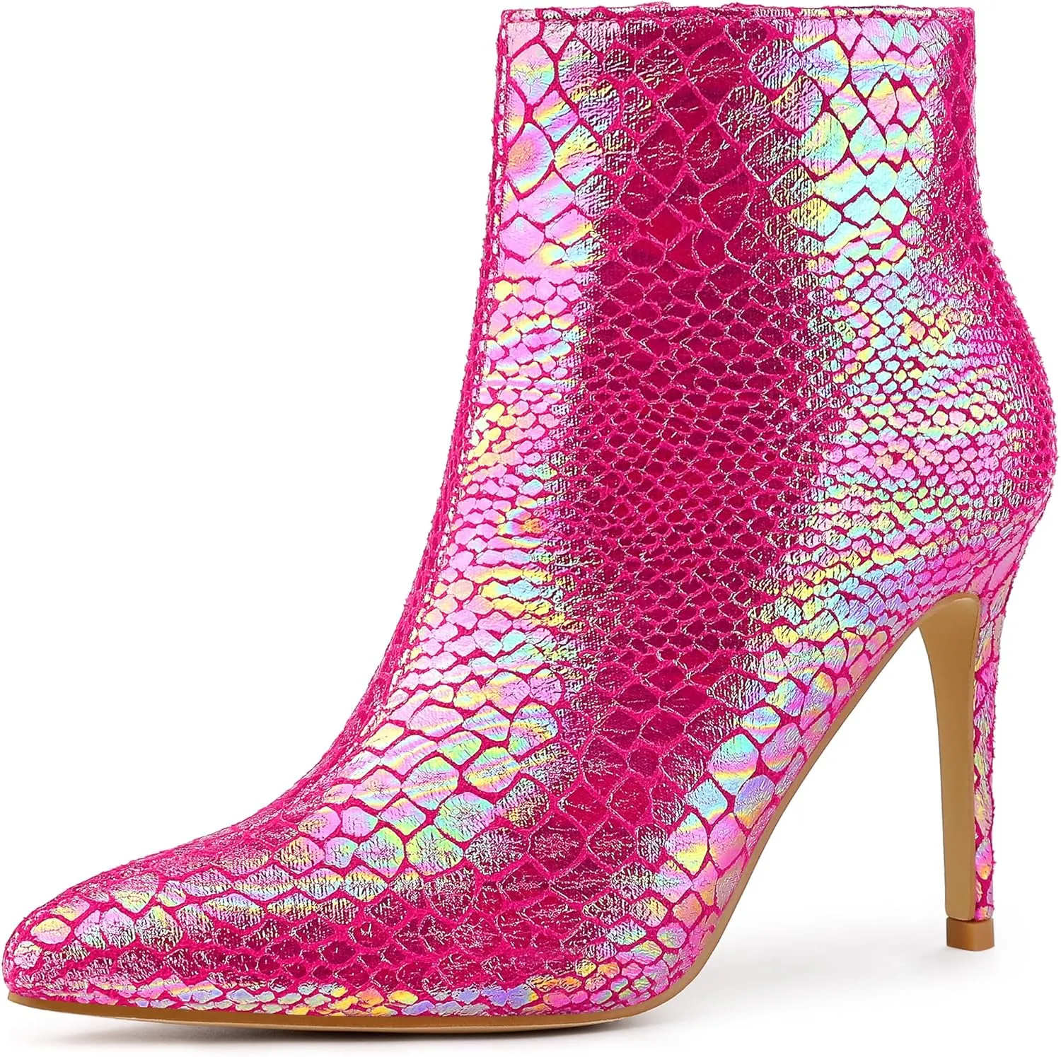 Perphy Snakeskin Printed Metallic Boots Pointed Toe Stiletto Heel Ankle Boots for Women
