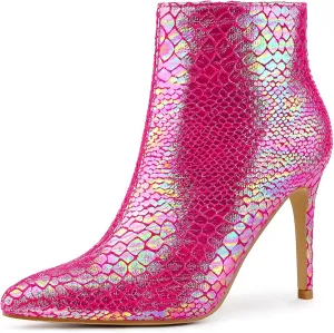 Perphy Snakeskin Printed Metallic Boots Pointed Toe Stiletto Heel Ankle Boots for Women