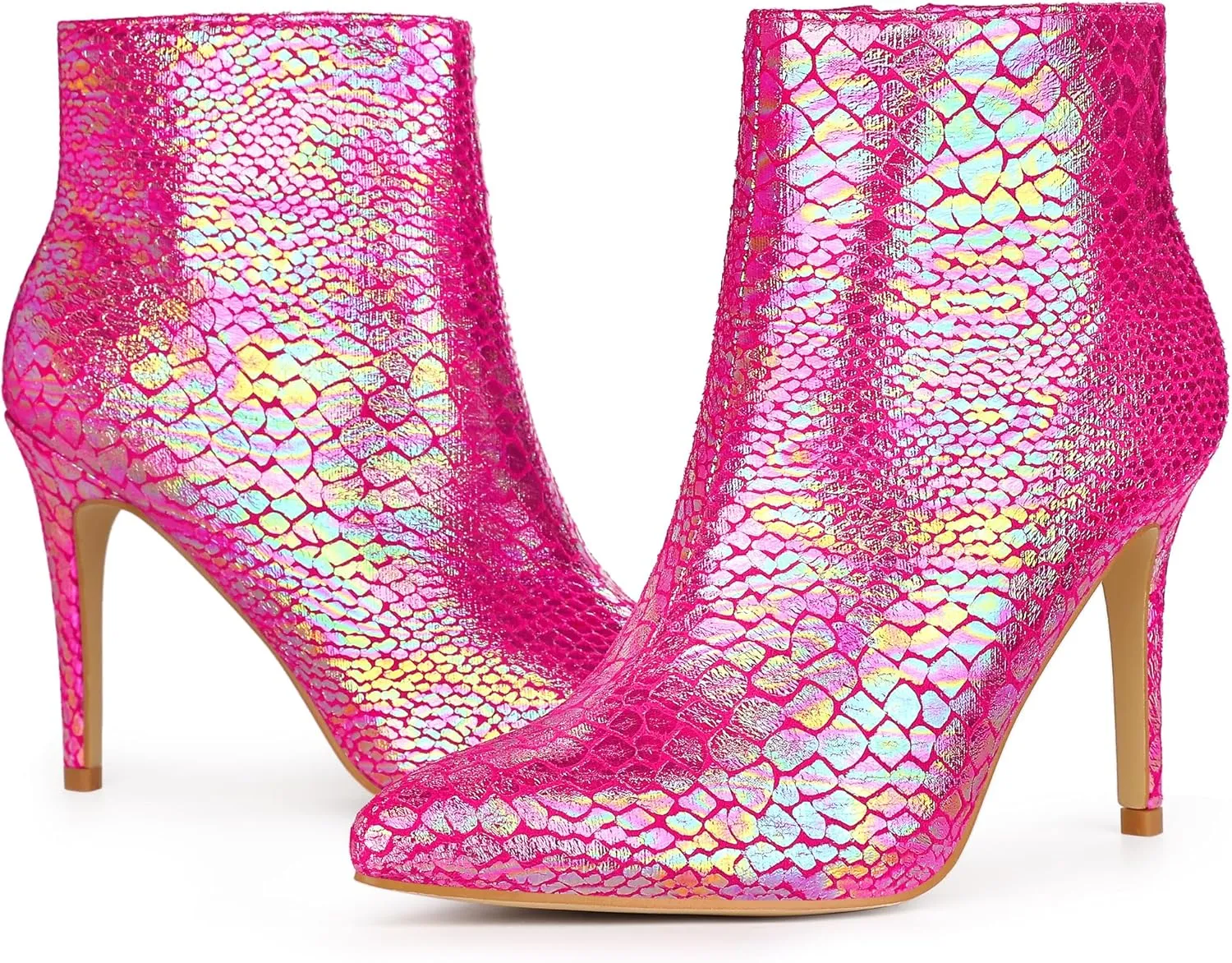 Perphy Snakeskin Printed Metallic Boots Pointed Toe Stiletto Heel Ankle Boots for Women