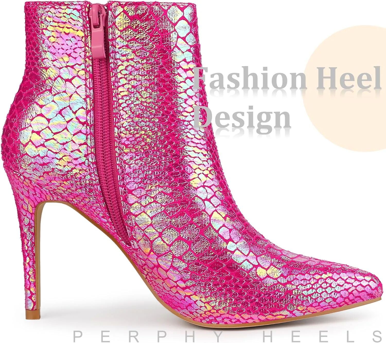 Perphy Snakeskin Printed Metallic Boots Pointed Toe Stiletto Heel Ankle Boots for Women