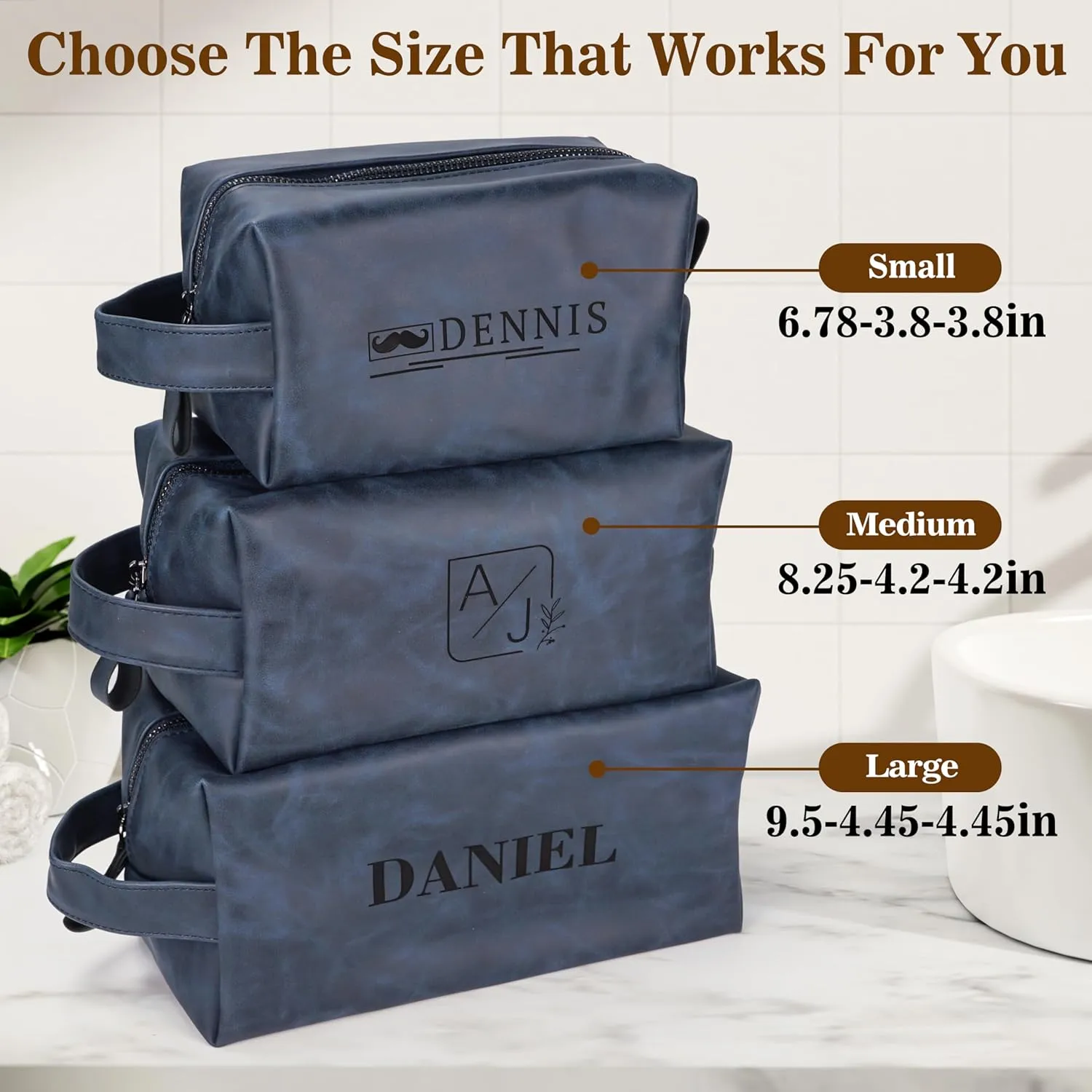 Personalized Leather Toiletry Bag for Men,Personalized with Laser Engraved Monogram,Premium Leather Dopp Kit,Travel Toiletry Bag – Gift for Men（Blue L