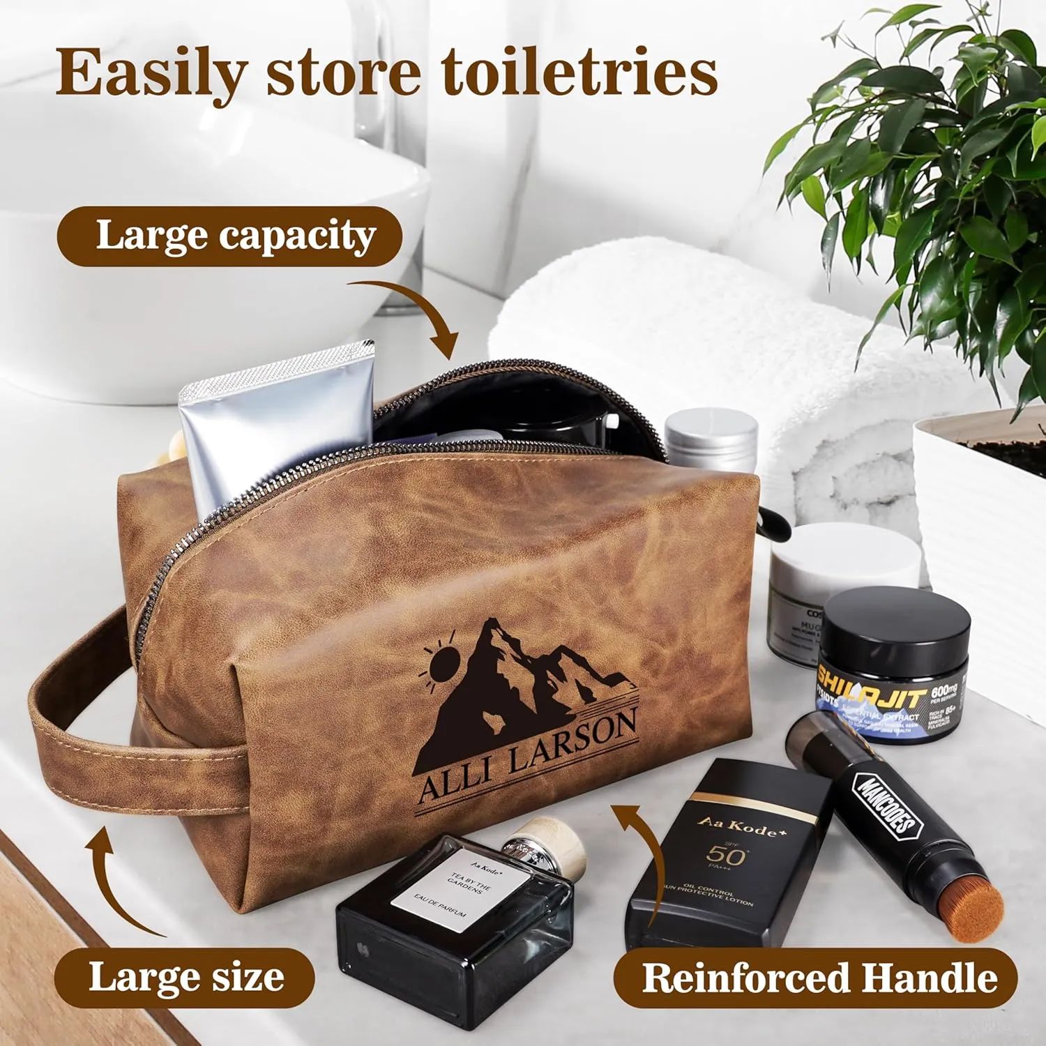 Personalized Leather Toiletry Bag for Men,Personalized with Laser Engraved Monogram,Premium Leather Dopp Kit,Travel Toiletry Bag – Gift for Men（Blue L