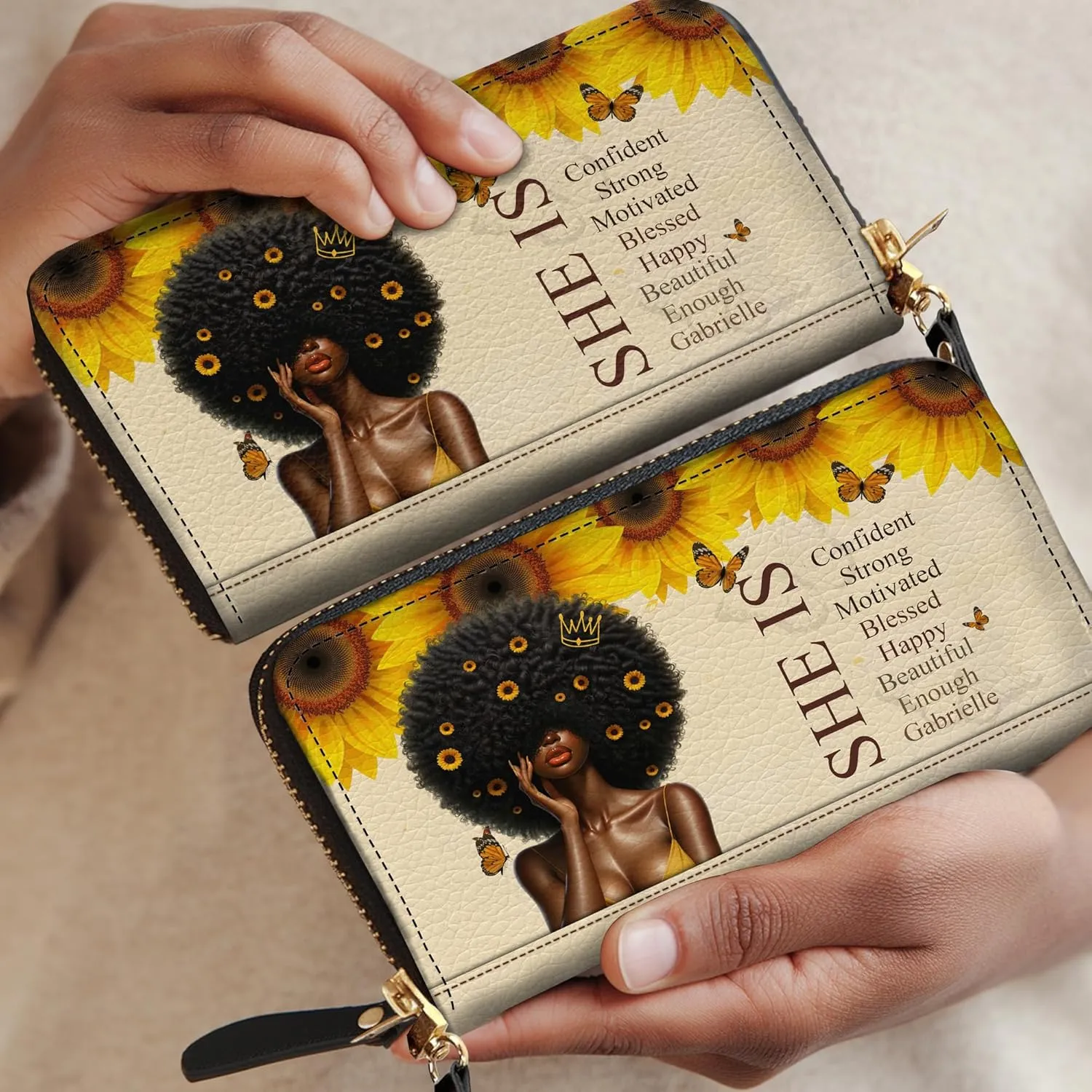 Personalized Leather Wallet for Women – Custom Name African Pride Clutch – African Queen Gifts – African American Art Bag – Ideal Gift for Mother's Day (She Is)