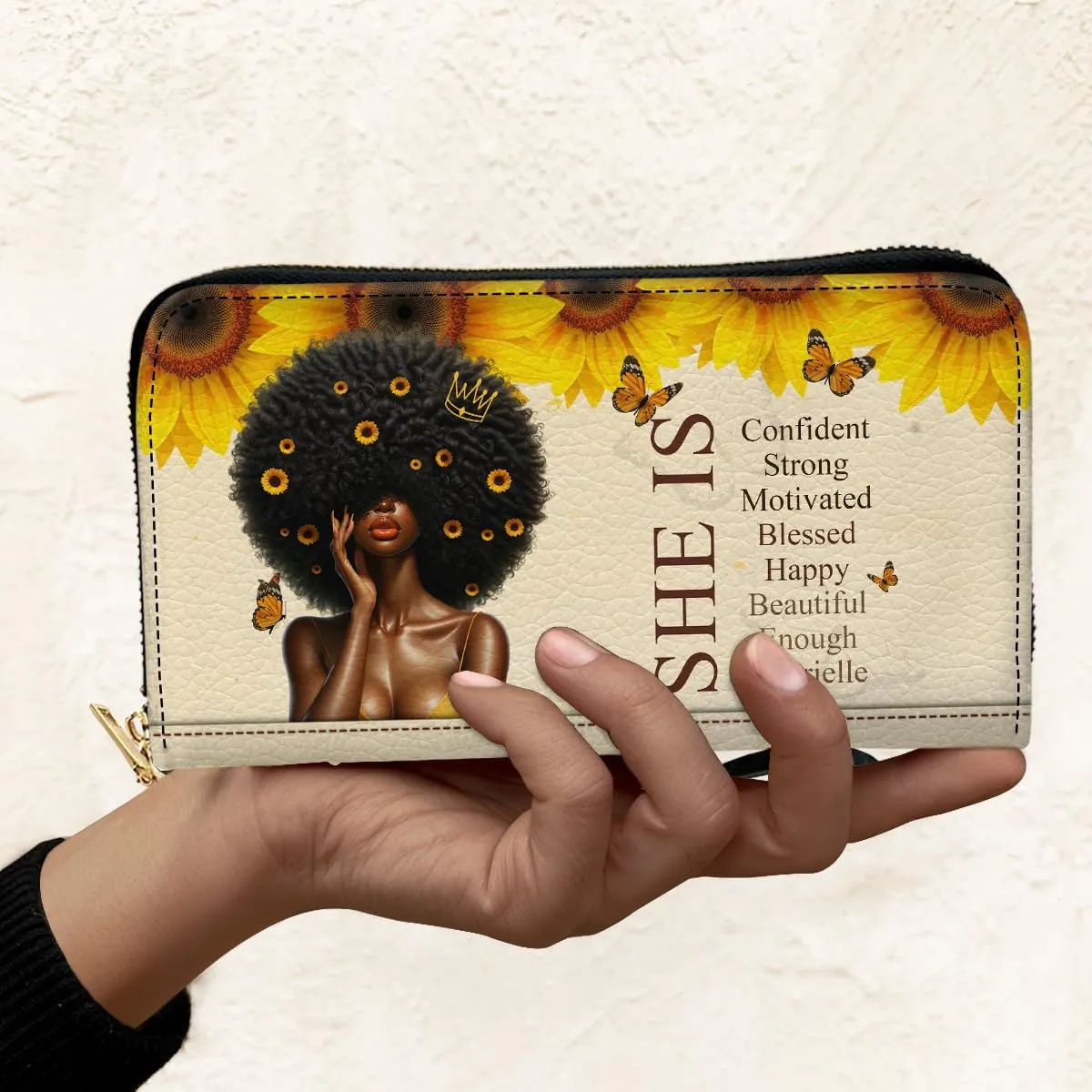 Personalized Leather Wallet for Women – Custom Name African Pride Clutch – African Queen Gifts – African American Art Bag – Ideal Gift for Mother's Day (She Is)