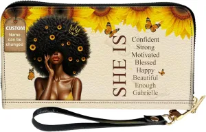 Personalized Leather Wallet for Women – Custom Name African Pride Clutch – African Queen Gifts – African American Art Bag – Ideal Gift for Mother's Day (She Is)